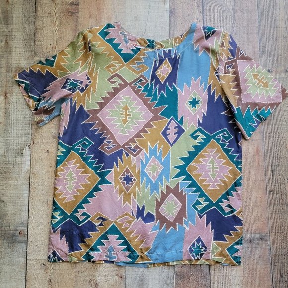 Aztec Print 100% Silk Short Sleeve Blouse - Picture 1 of 12